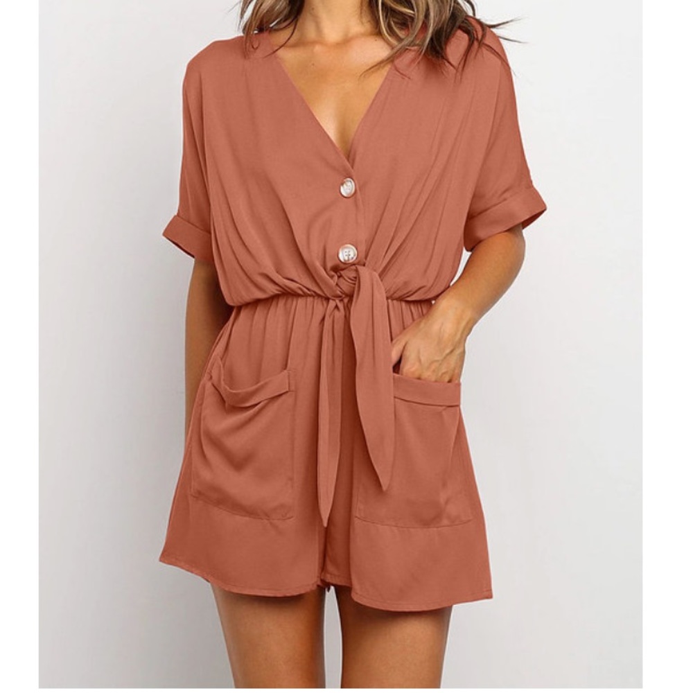 V Neck Tunic Romper with Pockets